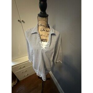 Alfred Dunner Gray White Strip Embroidered Shirt 16 Boho Cruise Vacay Nautical